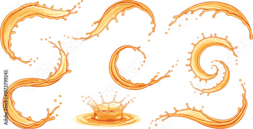 Set of realistic orange juice or honey liquid splashes and swirls with drops isolated on white background for refreshing beverage design.