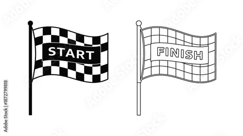 Black and white checkered flags displaying start and finish line text