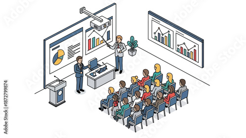 A business presentation is being delivered to a group of attentive students