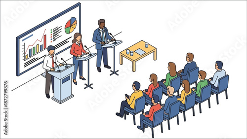 Business presentation with speakers audience and data visualization on a screen