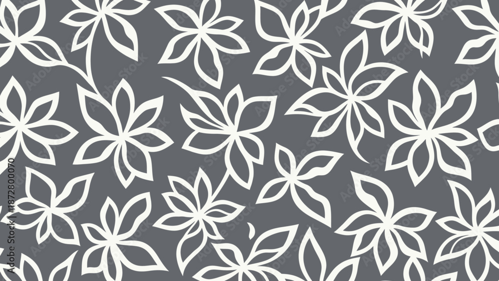 Fototapeta premium White floral pattern on a gray background, elegant and simple design.