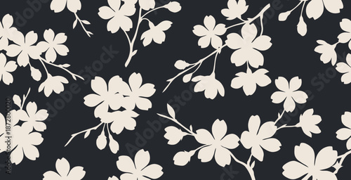 White flowers on black background seamless pattern.