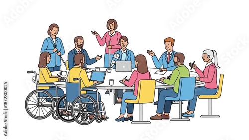 Diverse and Inclusive Business Team Meeting. Collaboration illustration featuring professionals with disabilities, including wheelchair users, in an accessible workplace.