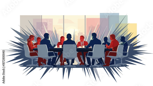 Dynamic Business Meeting Illustration: Corporate Team Discussion and Strategic Decision Making in Modern Boardroom.