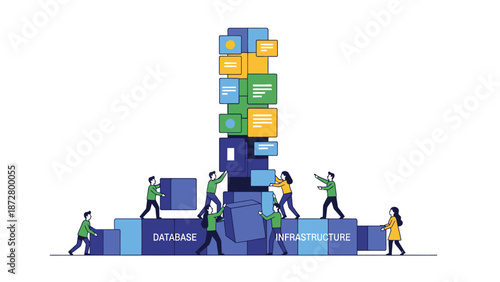 Teamwork Building Data Structure: Business people collaborating to develop complex IT infrastructure, database management, and system architecture.