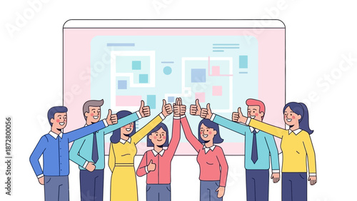 Team Success and Approval: Diverse Business Group Giving Thumbs Up After Project Presentation. Teamwork and Positive Result Vector.