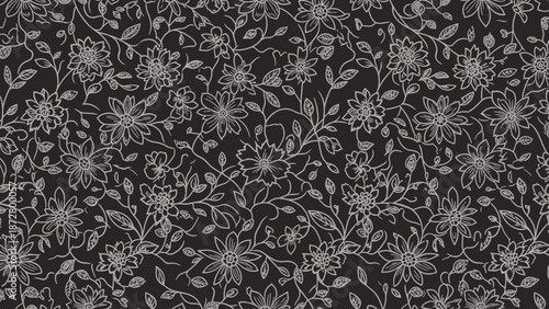 Monochromatic floral pattern with intricate flowers and leaves.