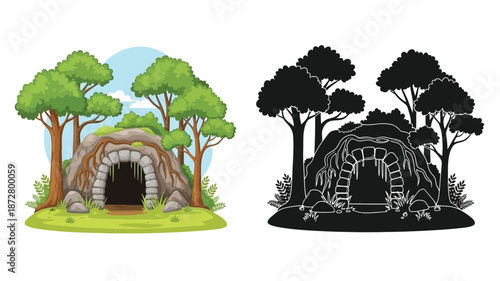 A colorful illustration of a cave entrance surrounded by lush green trees and foliage