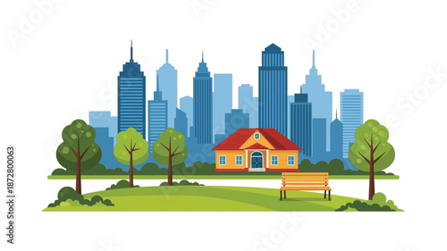 A charming house with a red roof sits before a modern cityscape backdrop