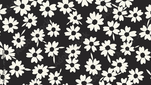 White flowers pattern on a black background.