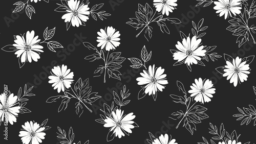 Seamless black and white floral pattern with daisies and leaves.