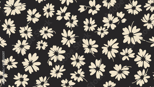 White flowers pattern on black background, floral seamless design.