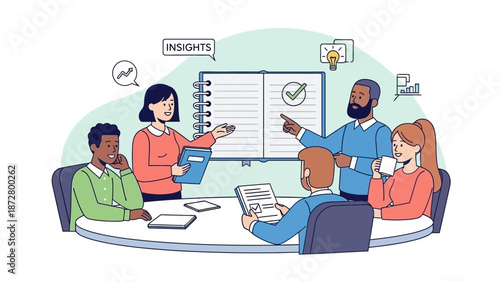 Collaborative Business Team Discussing Strategy and Generating Insights at a Meeting. Modern Vector Illustration of Planning and Idea Generation.
