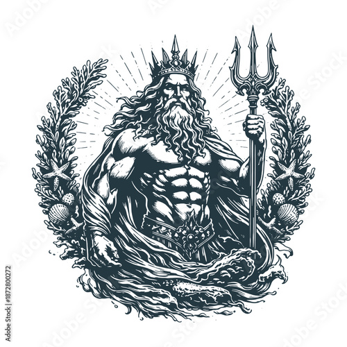 Powerful Poseidon Greek god with trident and laurel wreath, detailed vintage engraving style vector illustration for mythology and fantasy artwork