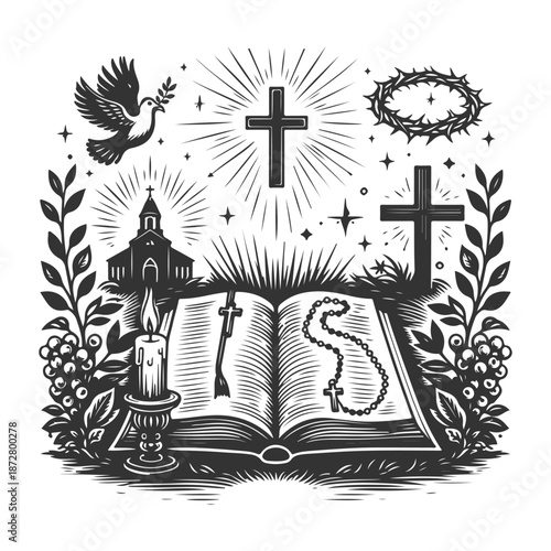 Christian religious illustration with Bible, cross, crown of thorns and dove in detailed vintage engraving style vector for faith and worship design