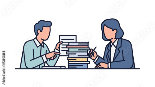 Business Professionals Analyzing Documents and Heavy Paperwork. Vector Illustration of Office Workers Collaborating on Bureaucracy, Data, and Workload.