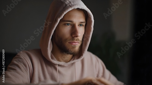 Wallpaper Mural Young man wearing a pink hoodie intently focused on a computer screen in a dimly lit room at night Torontodigital.ca
