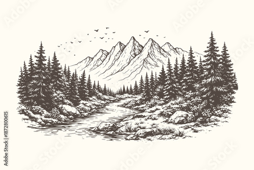 Winter mountain forest landscape illustration in refined vintage engraving style, ideal for travel prints, outdoor decoration, nature posters, and scenic artwork