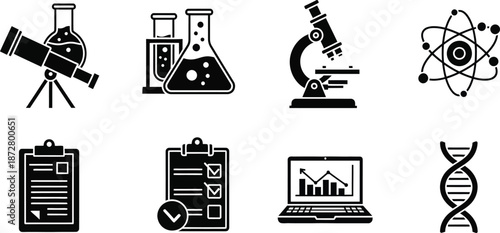 Science icon set. Laboratory, scientific, pharmacy, physics, biology, laboratory, gear, toxic,research.