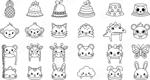 Set of cute kawaii animal hats and character icons in black and white line art style for kids coloring books stickers and nursery scrapbooking designs
