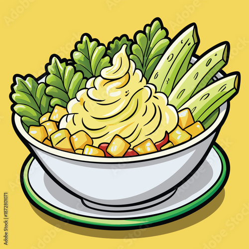 Colorful bowl of fruit salad with creamy sauce