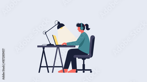A focused young woman works remotely on her laptop at a desk with a warm lamp, symbolizing dedicated productivity and digital learning from home