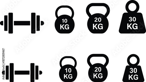 A set of gym and workout equipment icons featuring dumbbells and various kettlebells