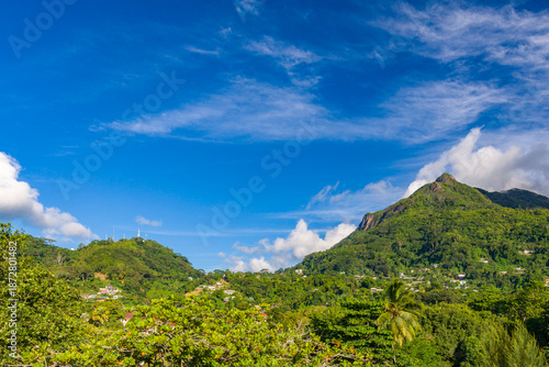 A view on mountains on Beau Vallon beach on Mahe island in Seychelles