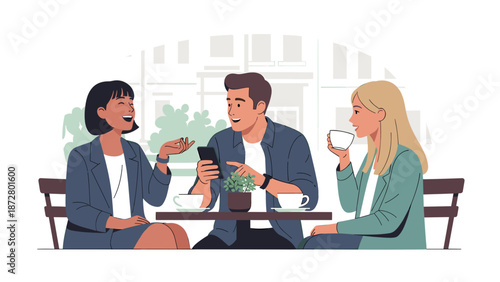 Smiling diverse friends gather for an outdoor coffee and lively chat, engaging with a smartphone and sharing moments of connection and joy