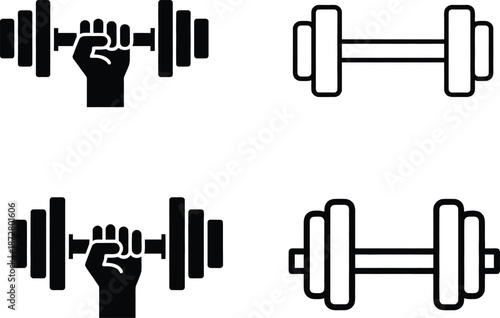 Collection of solid and outline dumbbell icons for workout and fitness