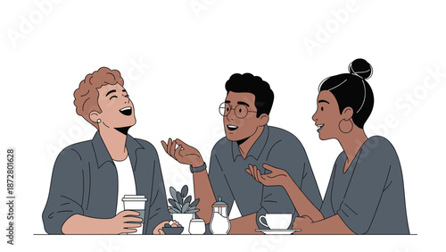 Three diverse friends laughing and talking at a cafe table, enjoying coffee and conversation