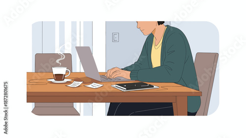 Illustration of person working on laptop at table, with coffee and smartphone. Depicts remote work, digital productivity, and a modern home office setting
