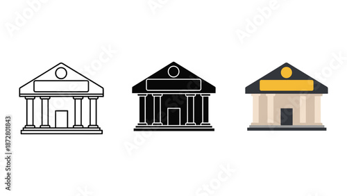 Bank building icon set in different style