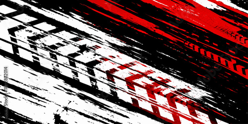 An abstract black and white grunge background features a vintage paint texture with a red blood color pattern and artistic motion lines on an old wall paper design backdrop