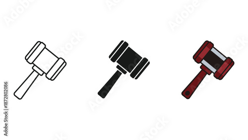 Set of three gavel icons in different colors