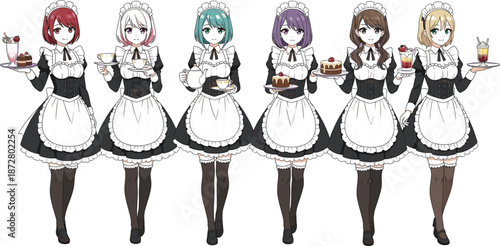 Set of cute anime style maid characters in traditional black and white frilly uniforms serving various desserts coffee and tea on trays.