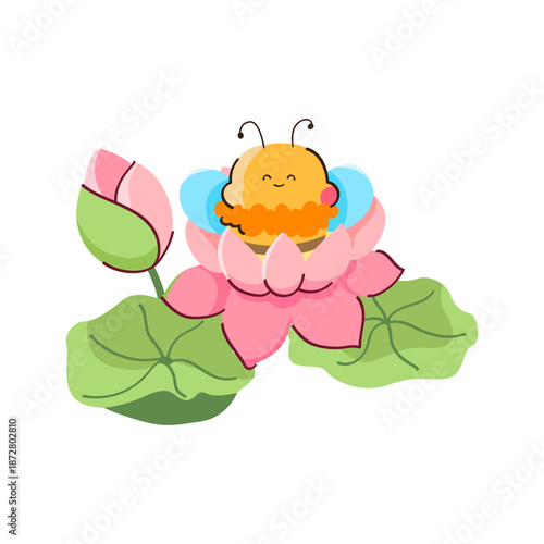 A cute little bee is perched on a lotus flower. Hand-drawn.