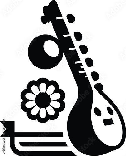 Traditional indian musical instrument sitar with decorative elements