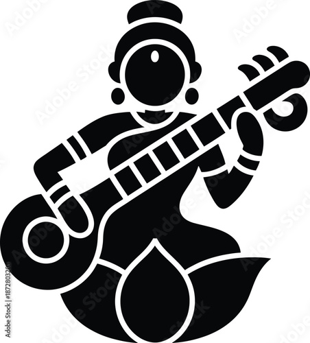 Saraswati playing the veena in a stylized black and white graphic