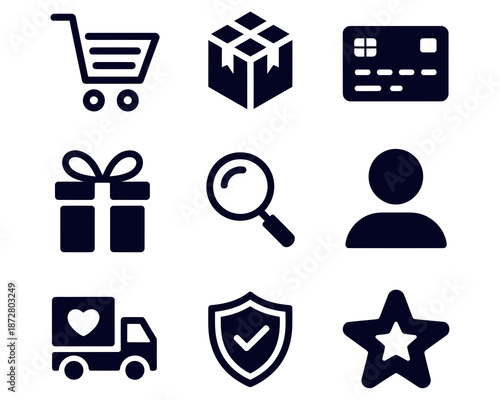 Shopping cart package credit card gift box magnifying glass person delivery truck shield star trolley