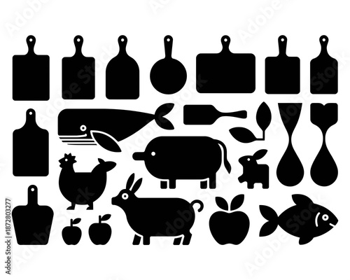 Collection of black silhouette featuring farm animals kitchenware and sea creatures cutting board whale