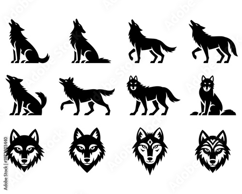 Collection of twelve black wolf and silhouettes on white background wolves animal