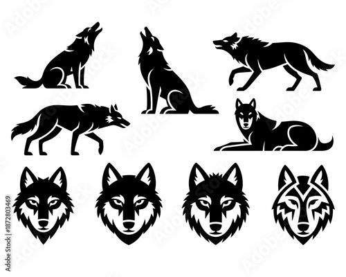 Collection of black wolf silhouettes and stylized wolf heads on white background wolves animal