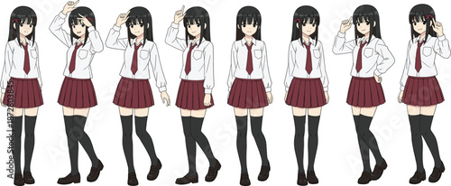 Set of black haired anime style schoolgirl characters in white shirt and maroon skirt uniform in different school life poses.
