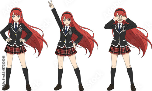 Set of anime style schoolgirl characters with long red hair wearing black blazer and plaid skirt uniform in different poses.