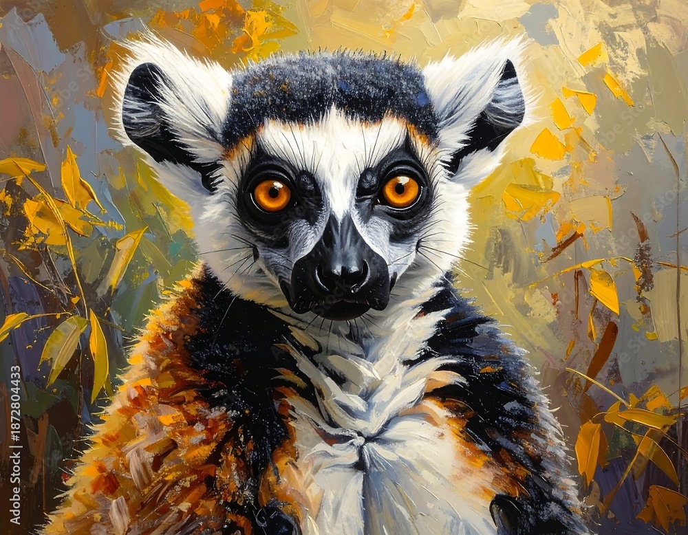Naklejka premium Close-up painted image of a lemur with bright orange eyes, contrasting black, white, and brown fur, set against a blurred autumn background