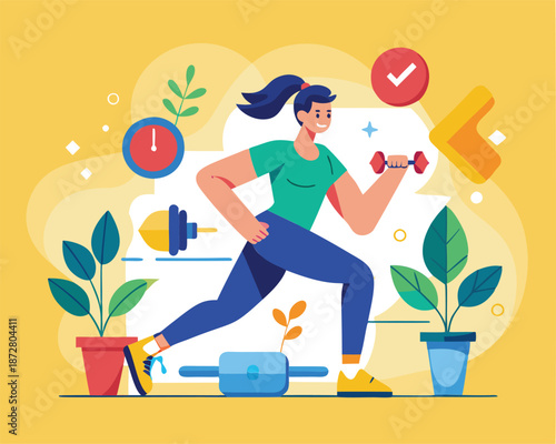 Woman exercising with dumbbells in a home gym