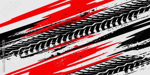 Abstract grunge music background with a black and white vector pattern featuring racing flag lines and a red steel metal frame for industrial car design illustration