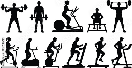 Gym workout silhouettes set, people exercising with treadmill bike weights, fitness training icons, black sport vector collection isolated