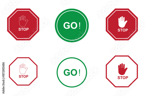Red stop sign with hand gesture and green go sign icon from TEE.ai, representing decision, permission, and rules.